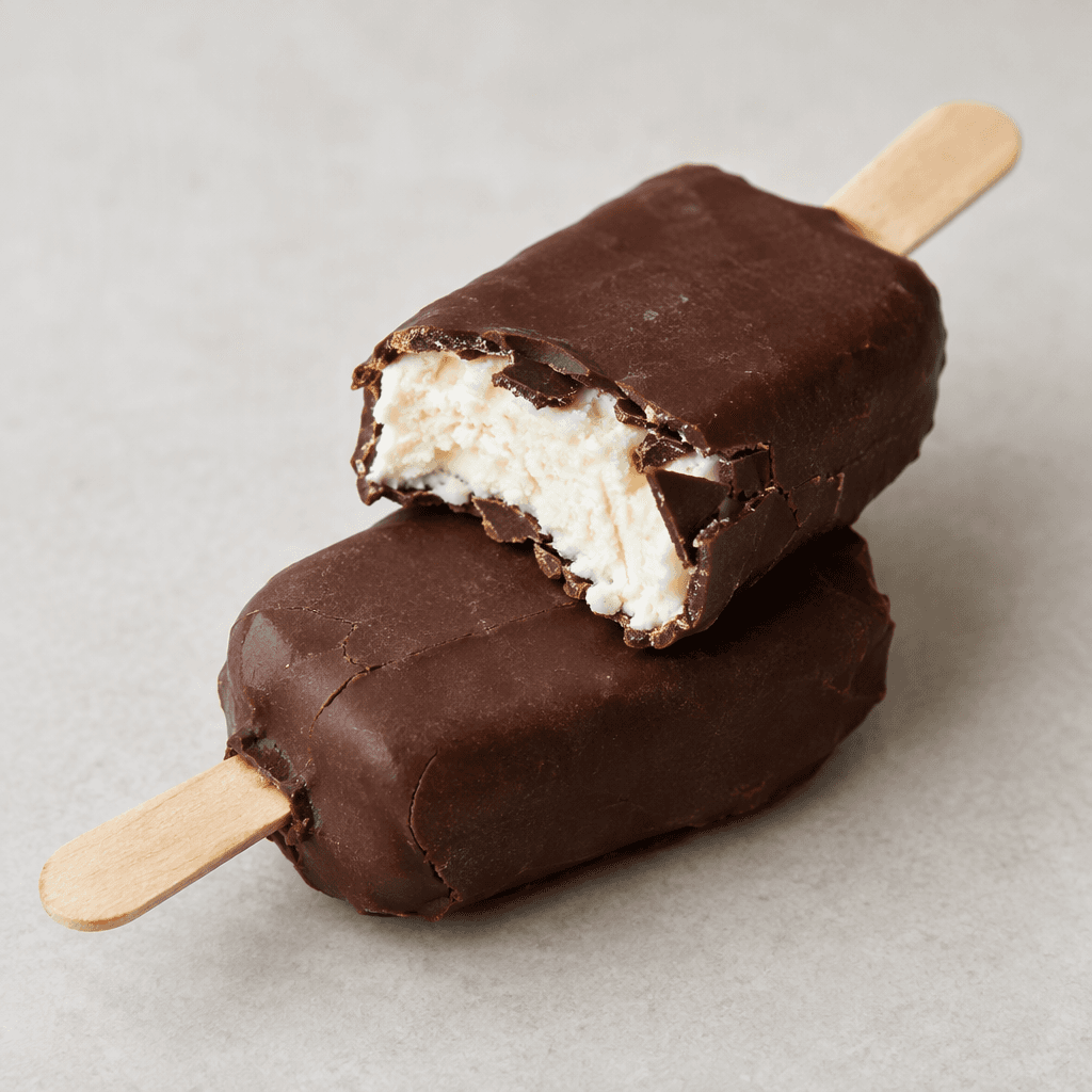A small rectangular ice-cream bar on a wooden stick, covered in a smooth dark-chocolate shell with slight cracks and irregular edges, with one bar broken open to reveal a pale creamy-white centre.