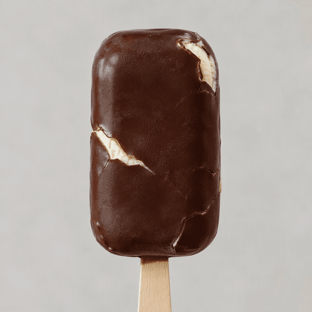 A small, thick rectangular ice-cream bar with rounded corners sits on a wooden stick, covered in a dark brown chocolate shell with a smooth, slightly glossy surface and a few delicate cracks revealing pale vanilla-coloured ice cream beneath.