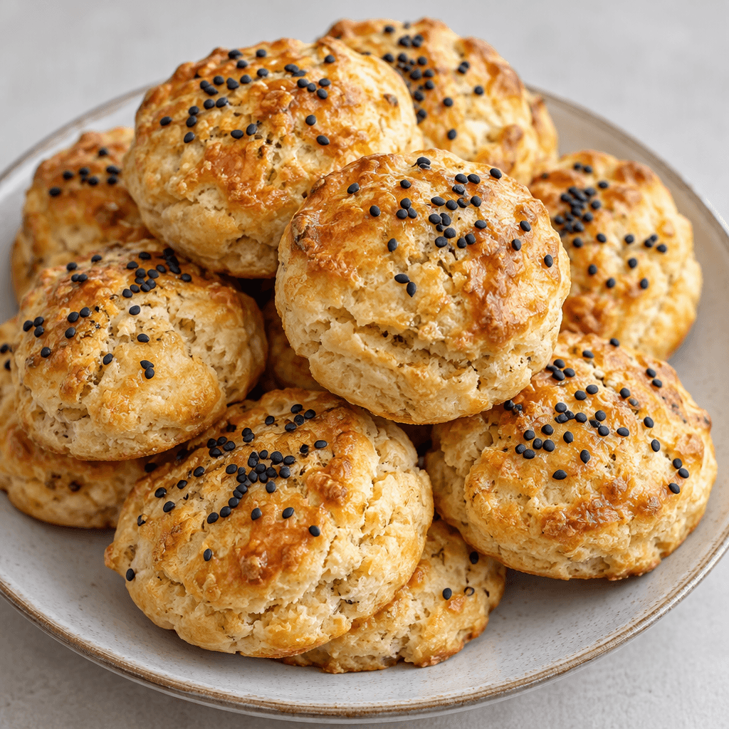 Üzerlerine serpiştirilmiş siyah çörek otları görünen, yüzeyi hafif çatlak ve ufalanır dokulu, altın-kahverengi küçük tuzlu kurabiyeler bir tabakta dizili.