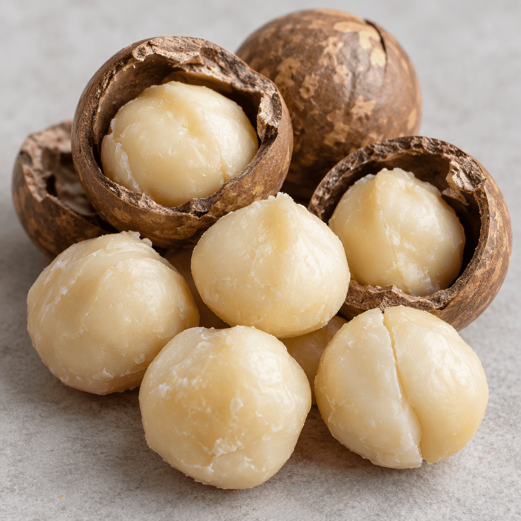Several macadamia nuts with smooth, ivory-white interiors and rounded, irregular shapes sit beside a few hard, mottled brown shells split open to reveal the kernels.