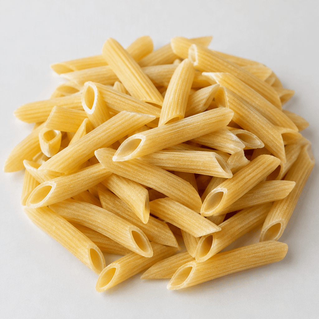 Dry, uncooked pasta in a pale yellow-beige color, with smooth, rigid pieces and a slightly matte surface.