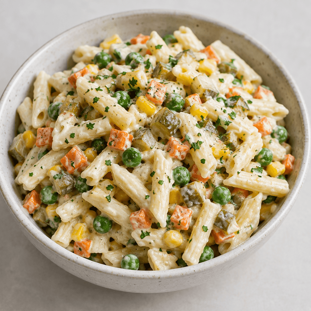 A bowl of short pasta pieces coated in a pale creamy dressing, mixed with visible diced carrots, green peas, yellow corn, and small pickle pieces, with finely chopped herbs scattered over the top.