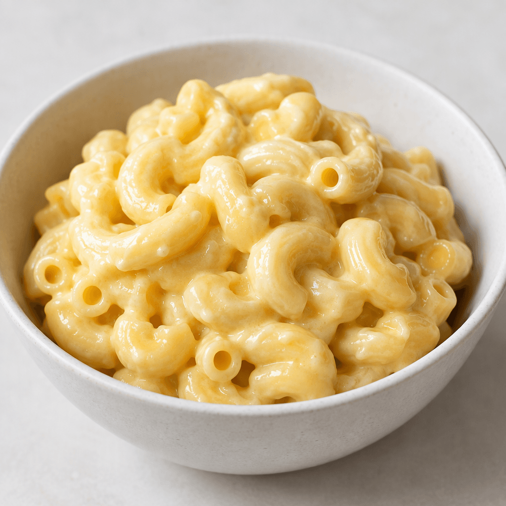 Short, curved tube-shaped pasta is coated in a thick, glossy pale-yellow cheese sauce and served in a compact mound in a bowl, with a smooth creamy surface and a few visible pasta openings.