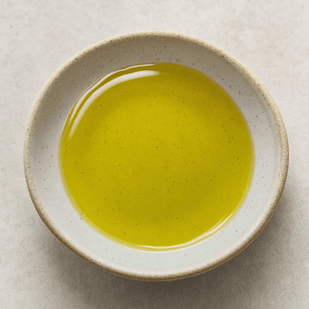 A shallow pool of clear, glossy golden-yellow oil sits in a small dish, with light reflecting across its smooth surface.