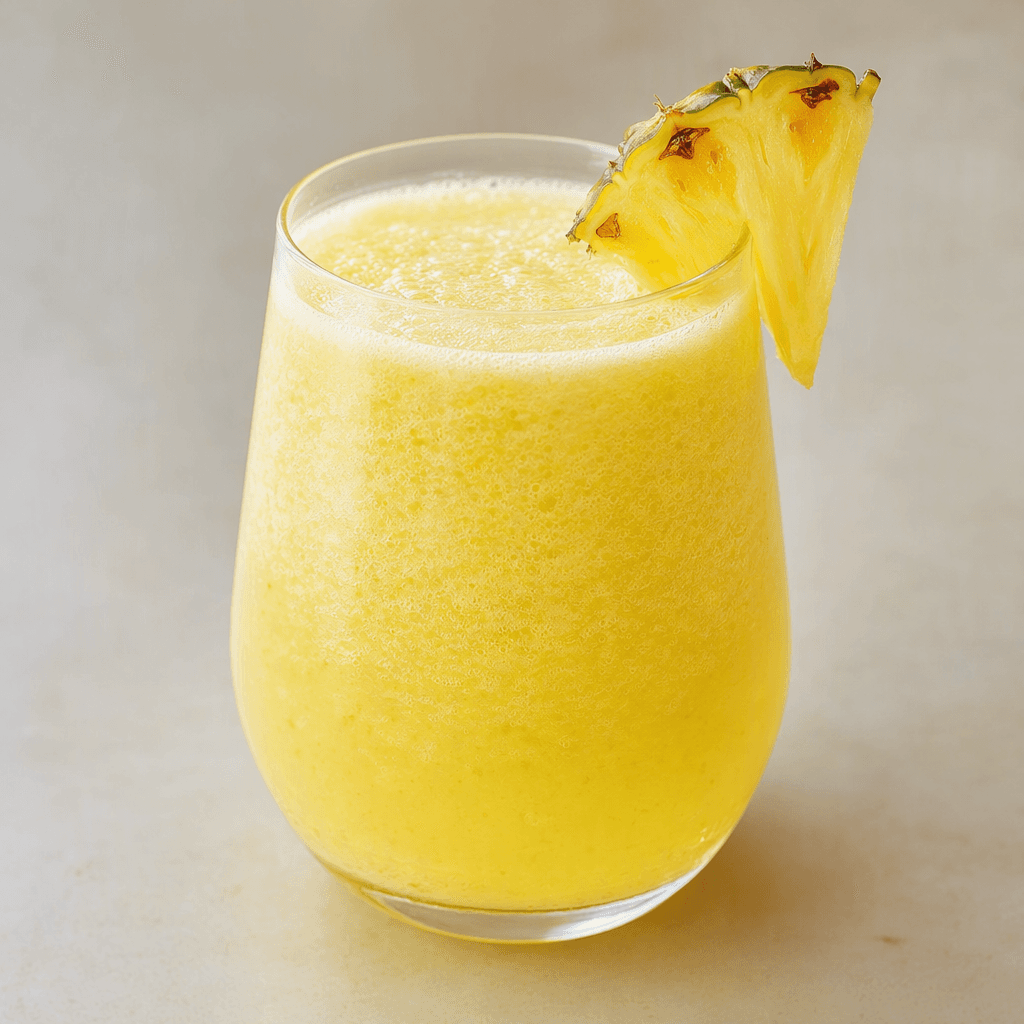 A pale golden-yellow pineapple drink sits in a clear glass, with a lightly frothy surface and a small pineapple wedge on the rim.