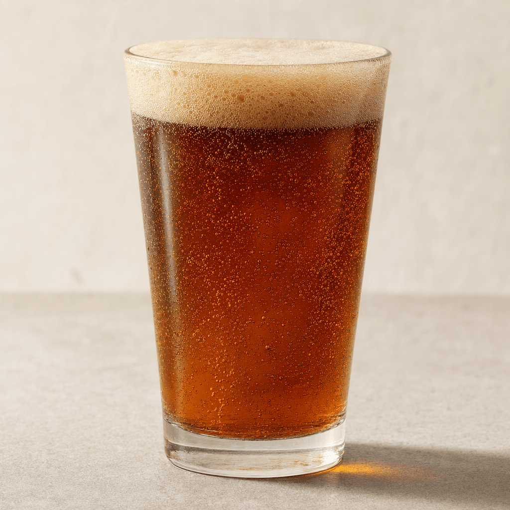 A clear glass holds a translucent deep amber-brown drink with fine bubbles rising through it and a light tan foam cap.