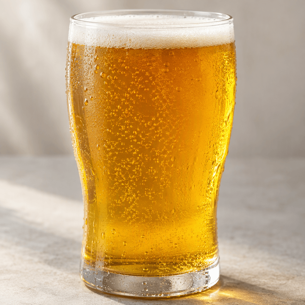 A golden-amber malt drink sits in a clear glass, with a lightly foamy surface and tiny bubbles visible through the liquid.