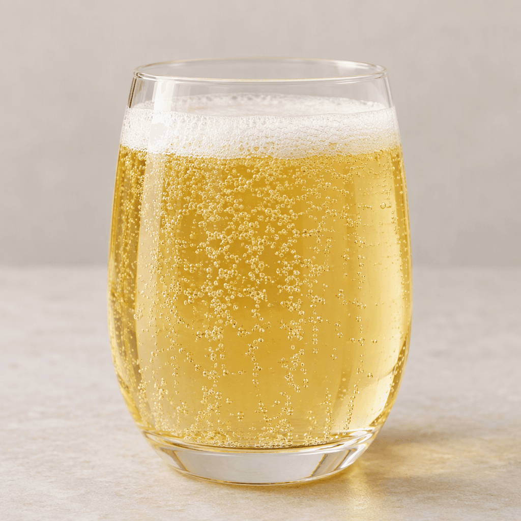 A clear, pale golden pear-flavoured drink sits in a glass, with fine bubbles rising through the liquid and a light frothy layer on top.