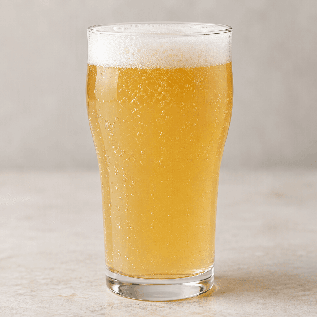 A pale golden, slightly cloudy pear malt drink sits in a clear glass, with fine bubbles and a light creamy foam on top.