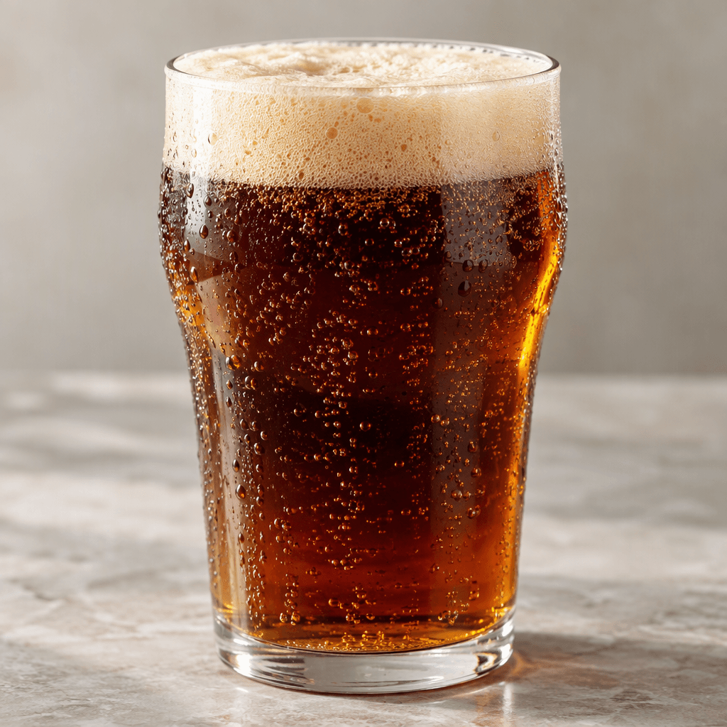 A deep amber-brown fizzy drink with a light tan foamy head sits in a clear glass.