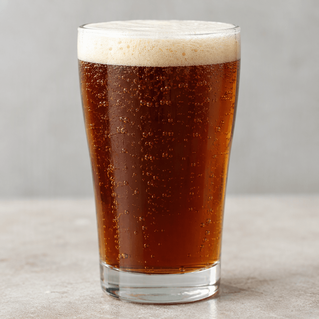 A deep amber-brown malt drink sits in a clear glass, with a fine creamy foam on top and small bubbles rising through the liquid.