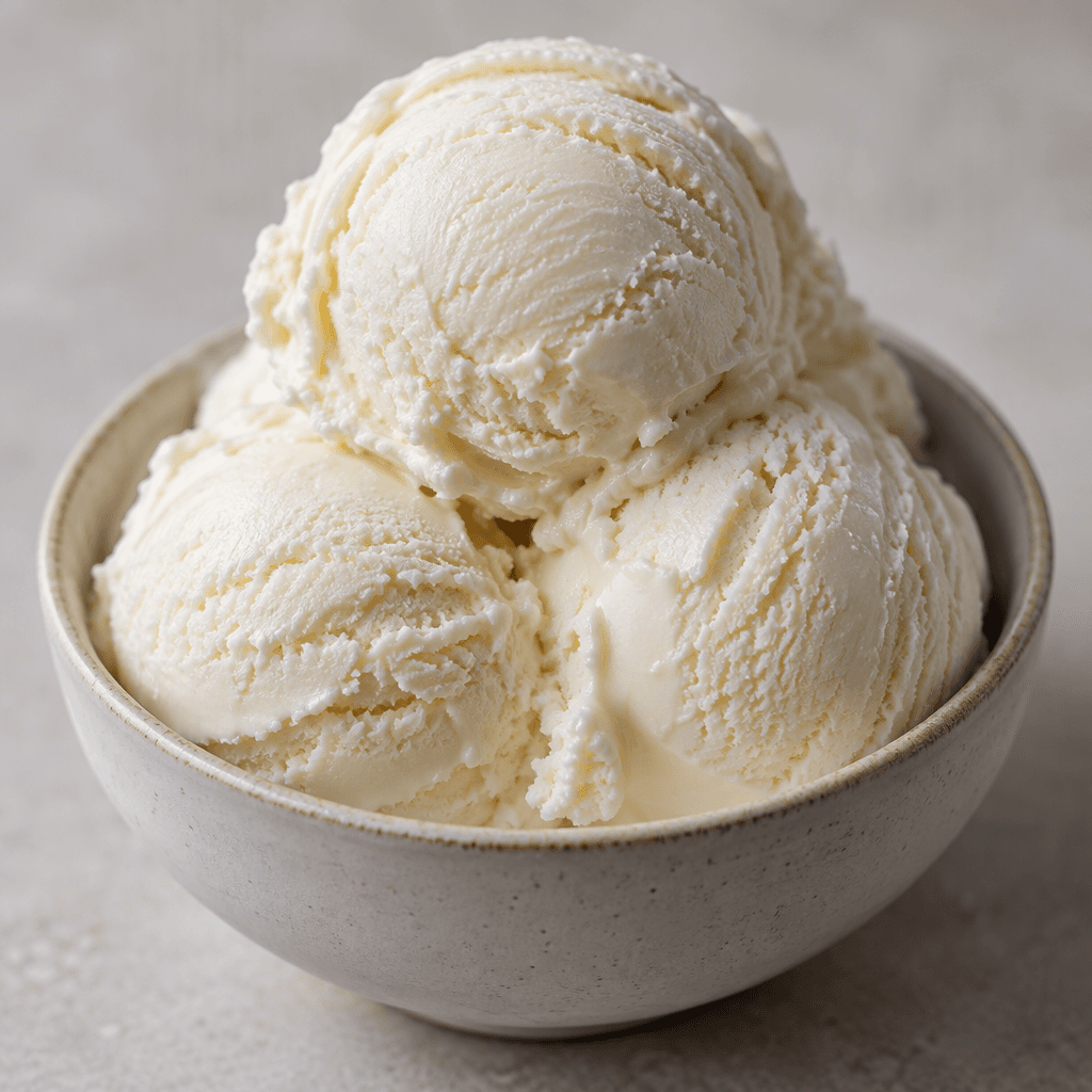 Pale ivory buffalo milk ice cream sits in rounded, dense-looking scoops in a small bowl, with a smooth, creamy surface and soft ridges from the scoop.