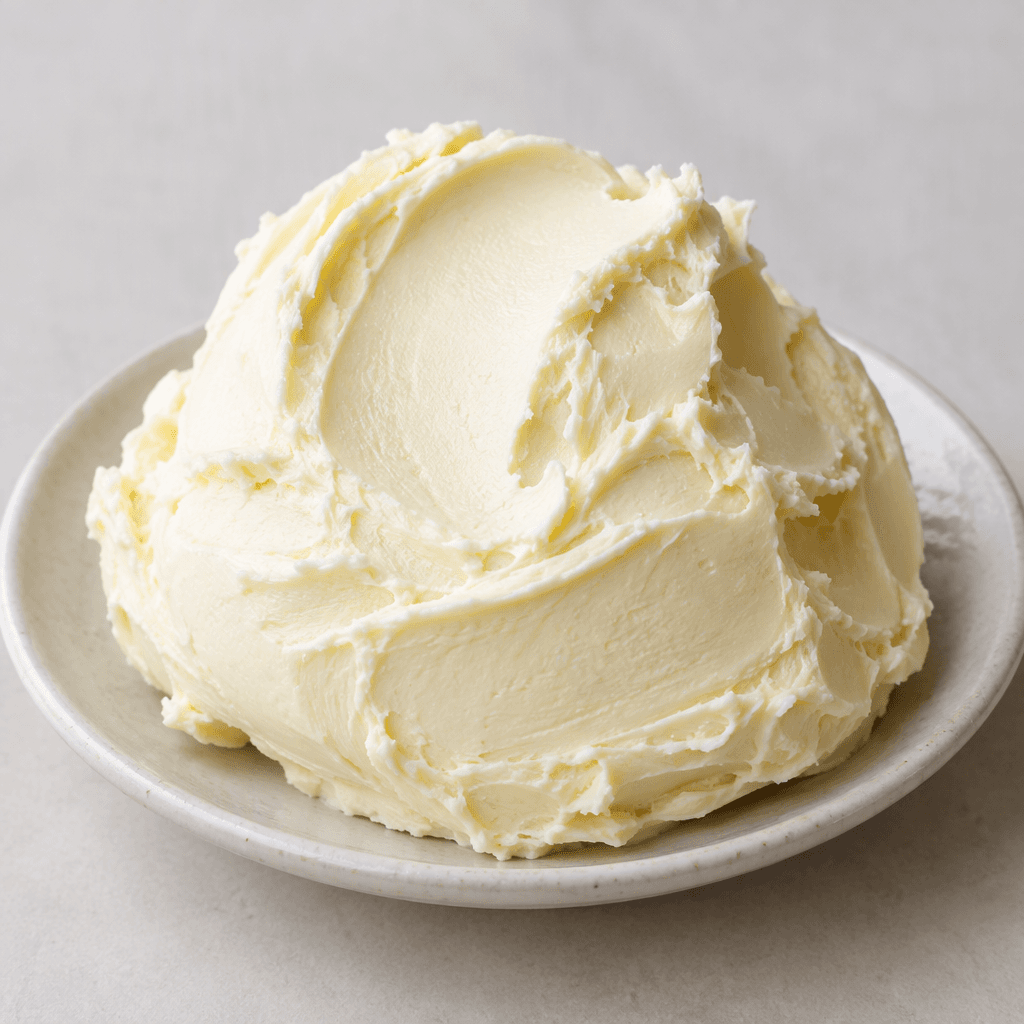 A smooth, pale ivory-white mound of buffalo-milk butter with a dense, creamy texture, served on a small plate.