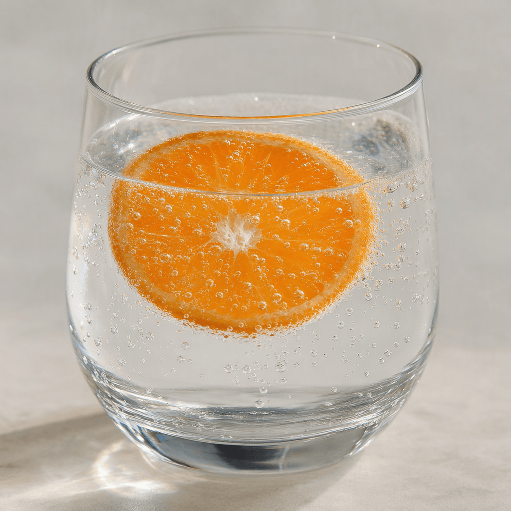 Clear, lightly sparkling water with fine bubbles and a thin orange mandarin slice, served in a transparent glass.