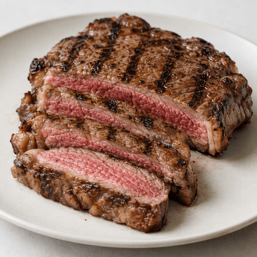 Thick slices of red meat with a browned, lightly charred surface and dark grill marks are arranged on a plate, with pinkish-red centers visible at the cut edges.