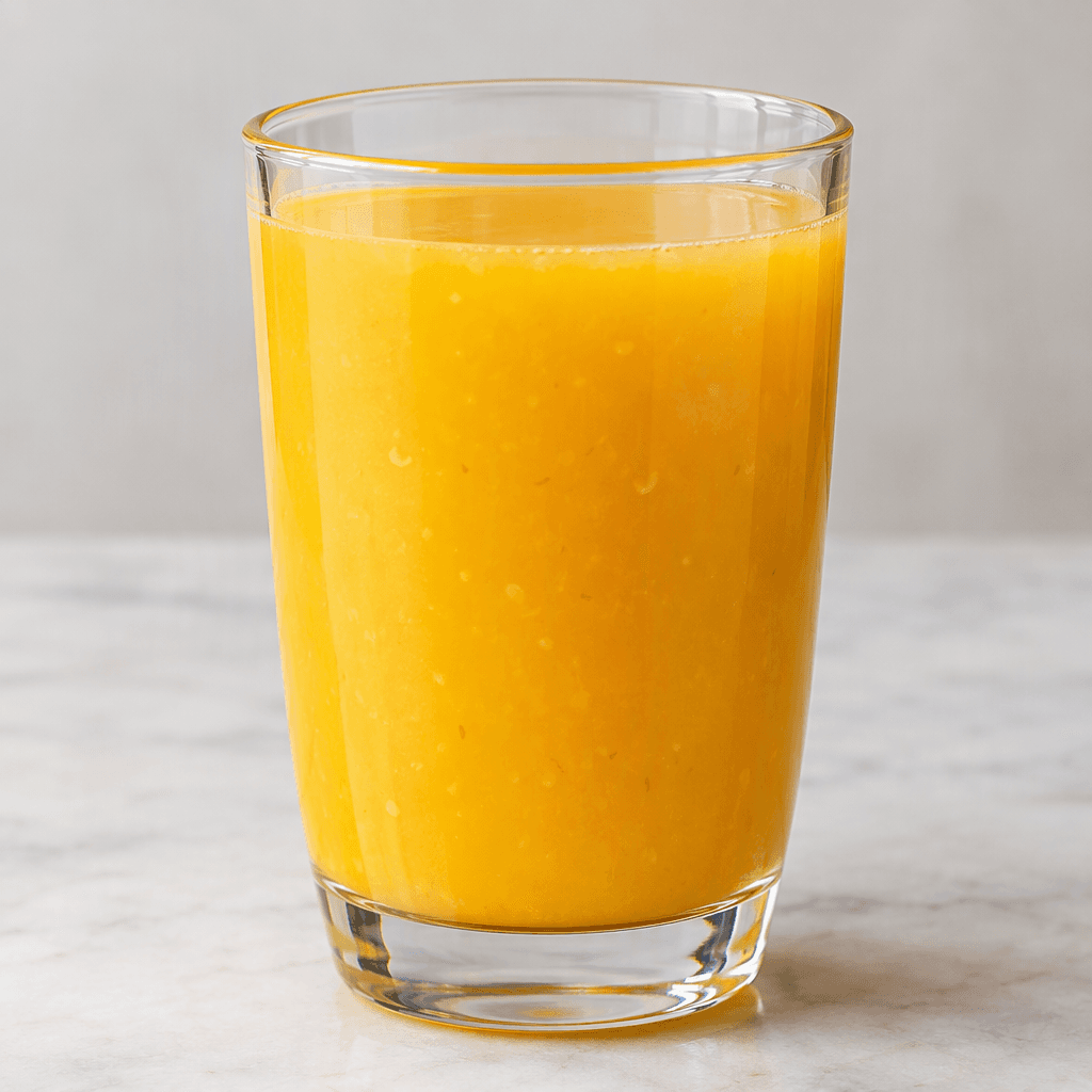 A smooth, opaque golden-yellow juice with a slight orange tint fills a clear glass, with a few tiny fruit-pulp flecks visible.