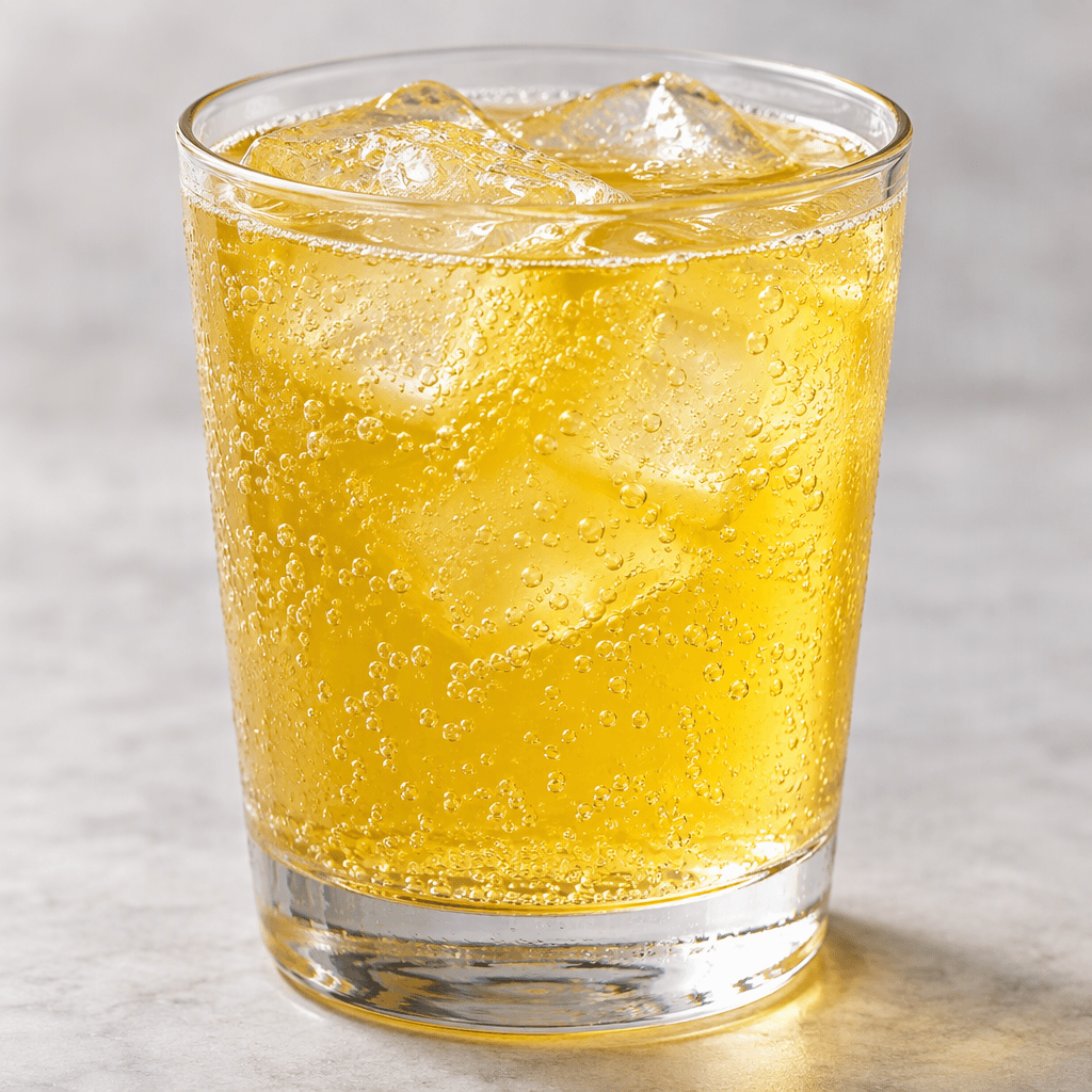 A bright golden-yellow carbonated drink sits in a clear glass, with fine bubbles rising through the translucent liquid.