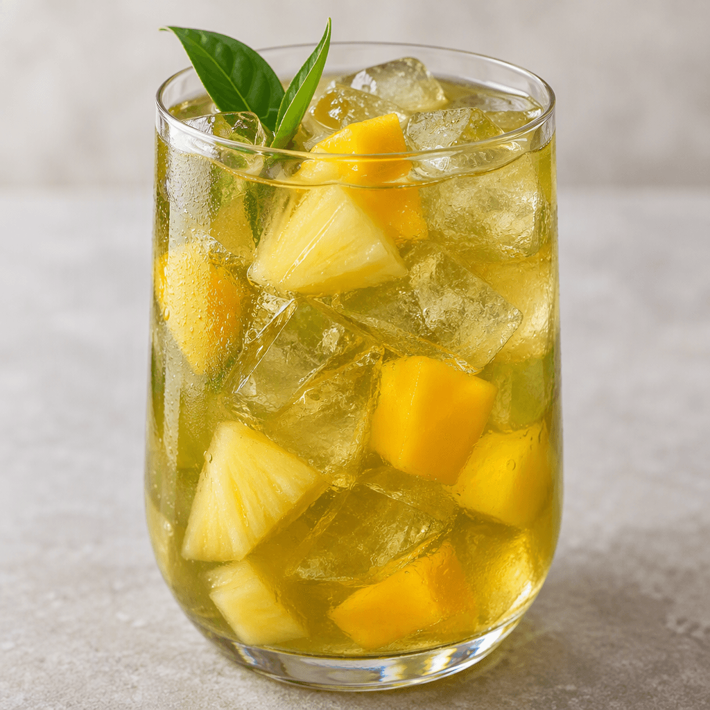 Berrak bir bardakta buzların üzerine dökülmüş, altın sarısı ile yeşil arasında saydam bir çay; buzların arasında parlak sarı mango ve ananas parçaları görülüyor.