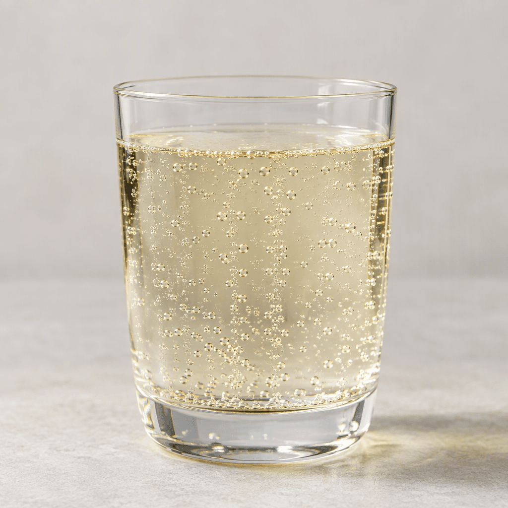 Clear, faintly golden sparkling water sits in a transparent glass, with tiny bubbles rising through it.