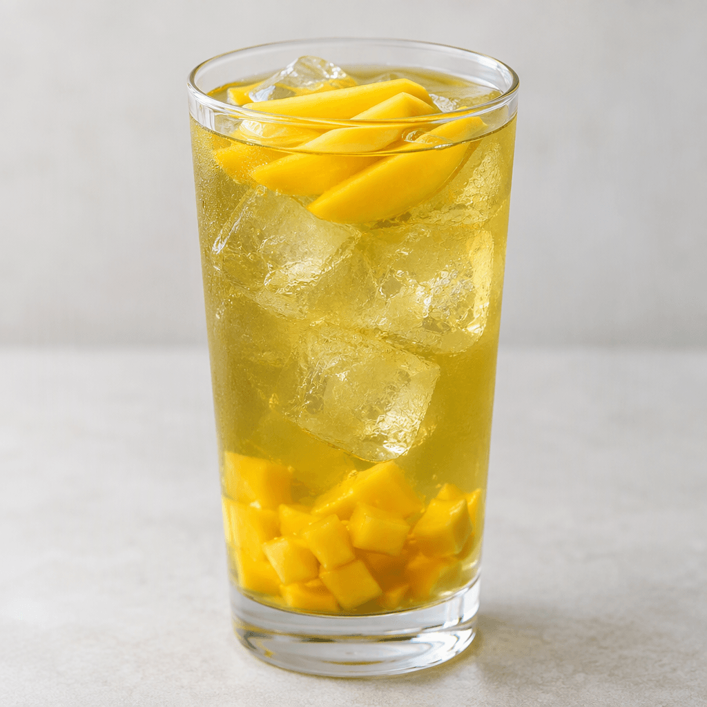 A tall clear glass holds pale green-gold tea with translucent ice cubes, small golden-yellow mango pieces near the bottom, and a few mango slices floating on the surface.