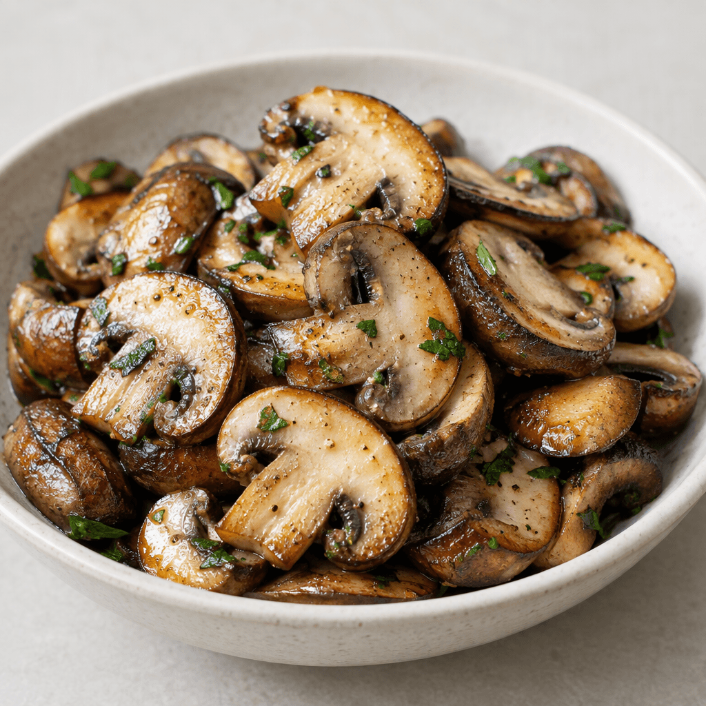 Sliced mushrooms with gently browned edges and glossy, tender-looking surfaces are piled in a shallow dish, with cream-colored interiors, deep brown caps, and scattered green herb flecks visible.