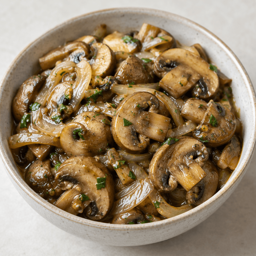 A shallow bowl filled with sliced mushrooms in a glossy brown sauce, with soft translucent onions and scattered green herbs visible among the rounded mushroom pieces.