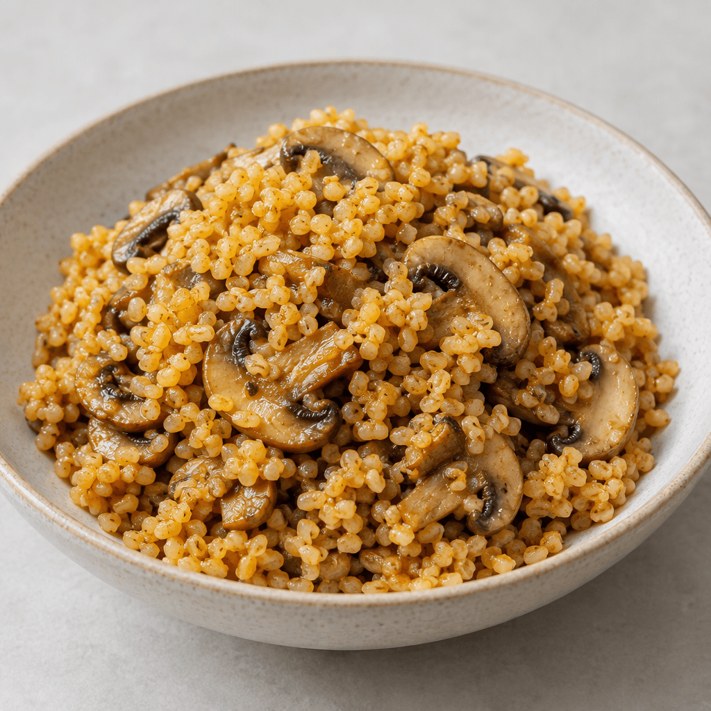 A mound of plump, coarse golden-brown bulgur grains studded with sliced mushrooms, served in a shallow bowl with a slightly glossy, loose texture.