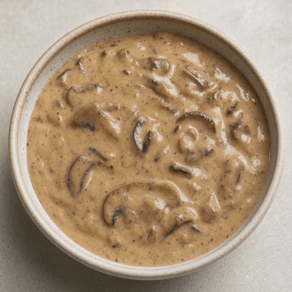A thick, glossy, light-brown mushroom sauce with small darker mushroom pieces and fine specks, served in a small bowl.