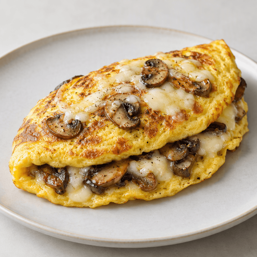 A thick, folded golden-yellow omelette sits on a plate, with browned mushroom slices and patches of melted pale cheese visible along the cut edge and on top.