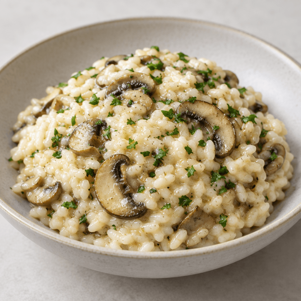 A mound of creamy, pale ivory short-grain rice fills a shallow bowl, with visible brown mushroom slices and small green herb flecks scattered across its soft, glossy surface.