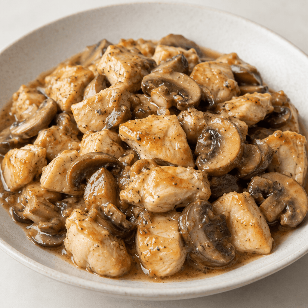 Tender, bite-sized pieces of pale golden-brown chicken are mixed with sliced brown mushrooms in a glossy light-brown sauce and served in a shallow dish.