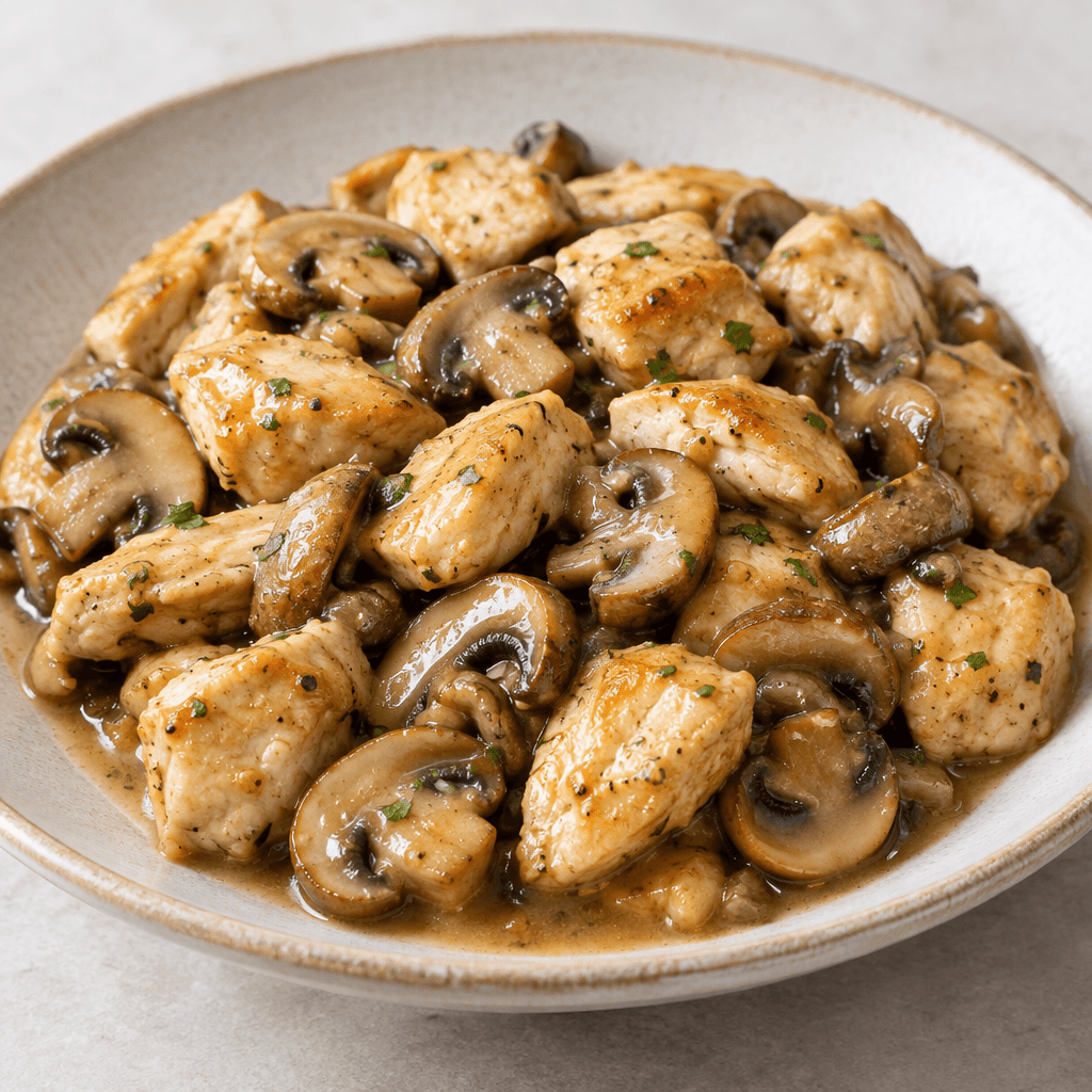 Bite-sized pieces of lightly browned chicken are mixed with sliced brown mushrooms in a glossy light-brown sauce, served in a shallow dish with the mushrooms visible among the chicken.