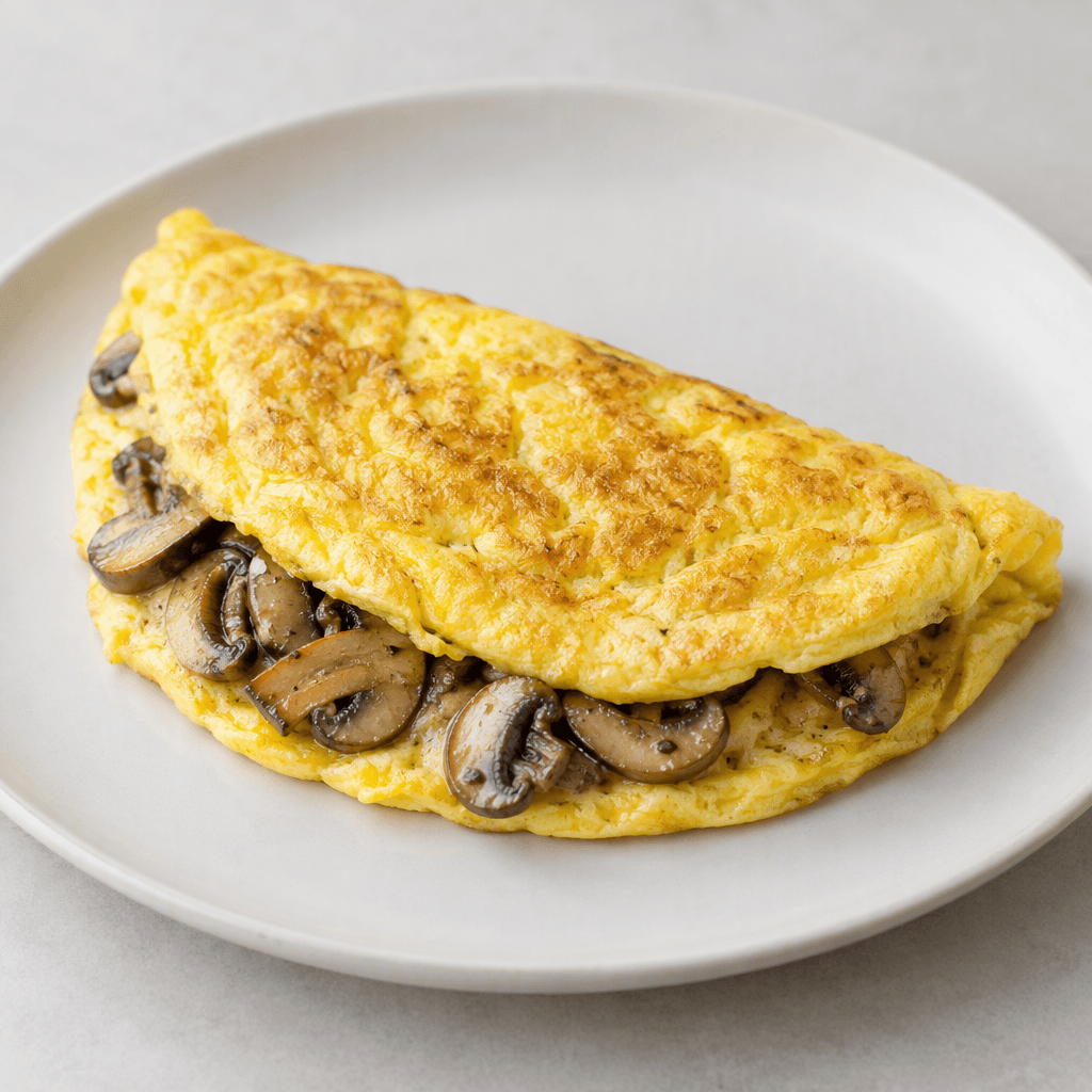 Dilimlenmiş kahverengi mantarlarla doldurulmuş, yumuşak dokulu altın sarısı üç yumurtalı omlet katlanmış hâlde sade bir tabakta duruyor; kenarından birkaç mantar parçası görünüyor.