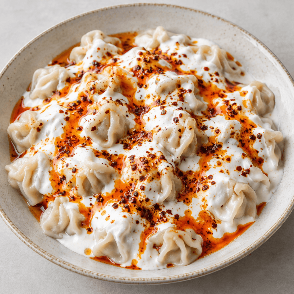 Small folded dumplings with pleated edges are covered in thick white yogurt, streaked with vivid red-orange butter sauce and sprinkled with dried red pepper flakes, served in a shallow bowl.
