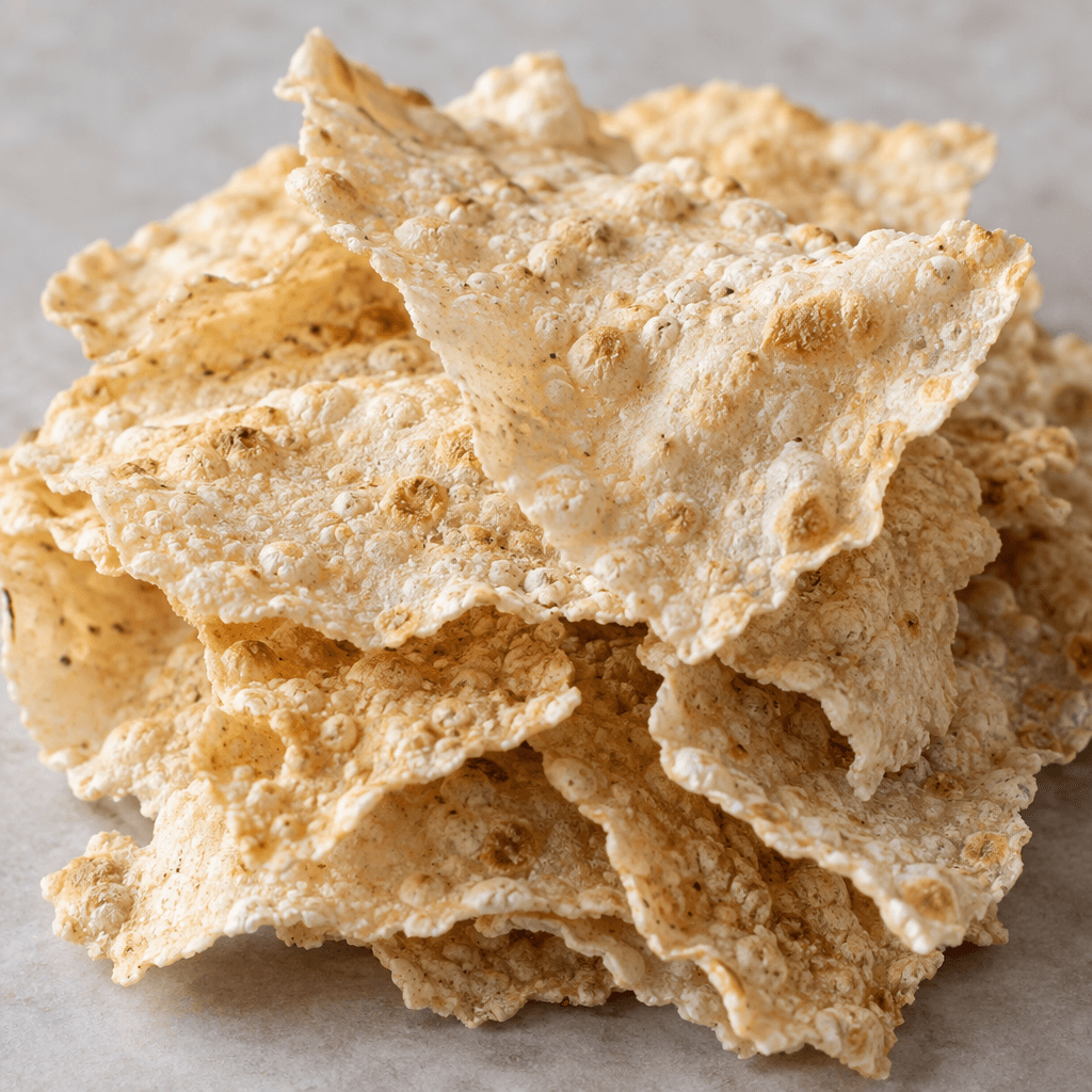 A small pile of thin, irregular pale-beige flakes made from a dried wheat-and-yogurt mixture, with rough, slightly bubbled surfaces and crisp-looking uneven edges.