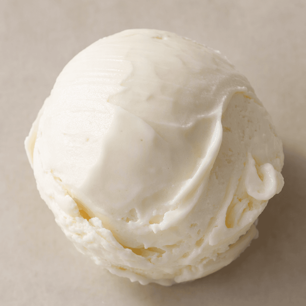 A dense, pale ivory ice cream made with goat’s milk, shaped into a rounded mound with a smooth surface and thick, elastic folds.