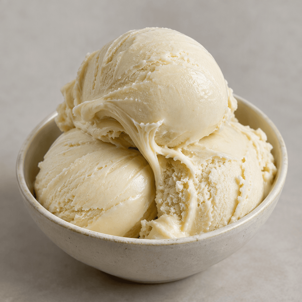Pale ivory Maras-style ice cream appears exceptionally dense, smooth and slightly glossy, holding firm sculpted scoops with stretchy, elastic edges and subtle ridges as it is served in a small bowl.