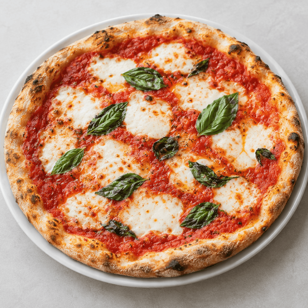 Yuvarlak, ince hamurlu pizzanın kenarları hafif kabarmış ve yer yer kızarmış; üzerinde parlak kırmızı domates sosu, düzensiz parçalar halinde erimiş beyaz mozzarella peyniri ve serpiştirilmiş taze yeşil fesleğen yaprakları bulunuyor, pizza sade bir tabakta bütün olarak servis ediliyor.