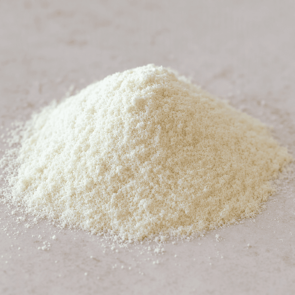 A small mound of fine, pale ivory marine collagen powder with a soft, slightly grainy texture.