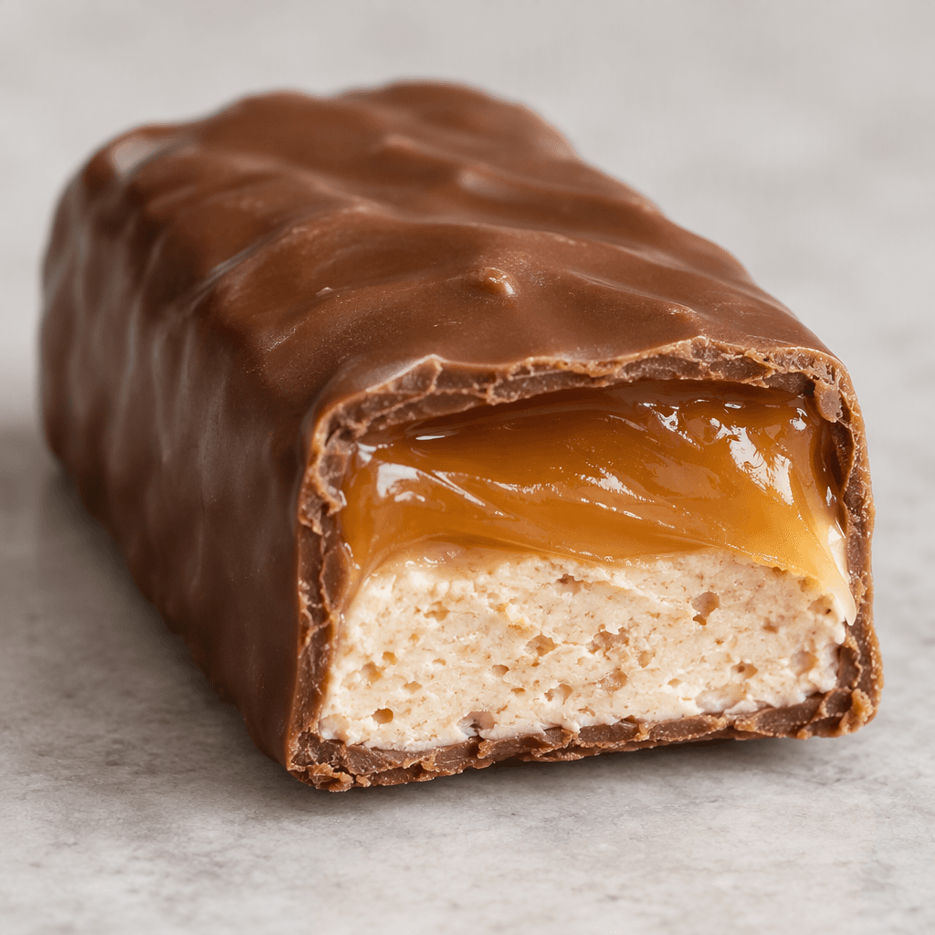 A small, rounded rectangular bar coated in smooth milk chocolate, with one cut end revealing a pale, dense nougat layer topped with glossy amber caramel.