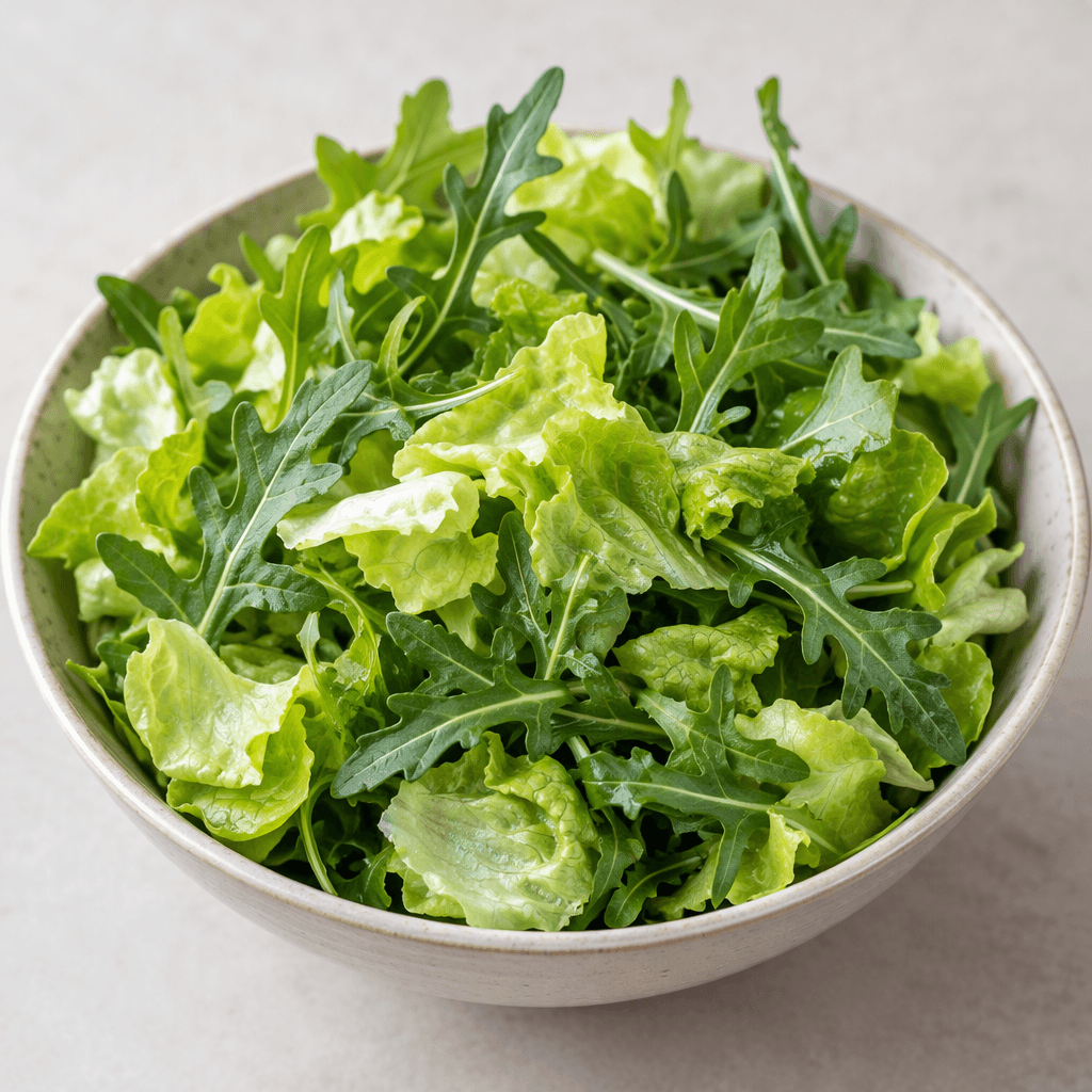 A loose salad of pale and medium-green lettuce leaves mixed with slender, deeply lobed dark-green arugula leaves, piled in a shallow bowl with a fresh, leafy texture.