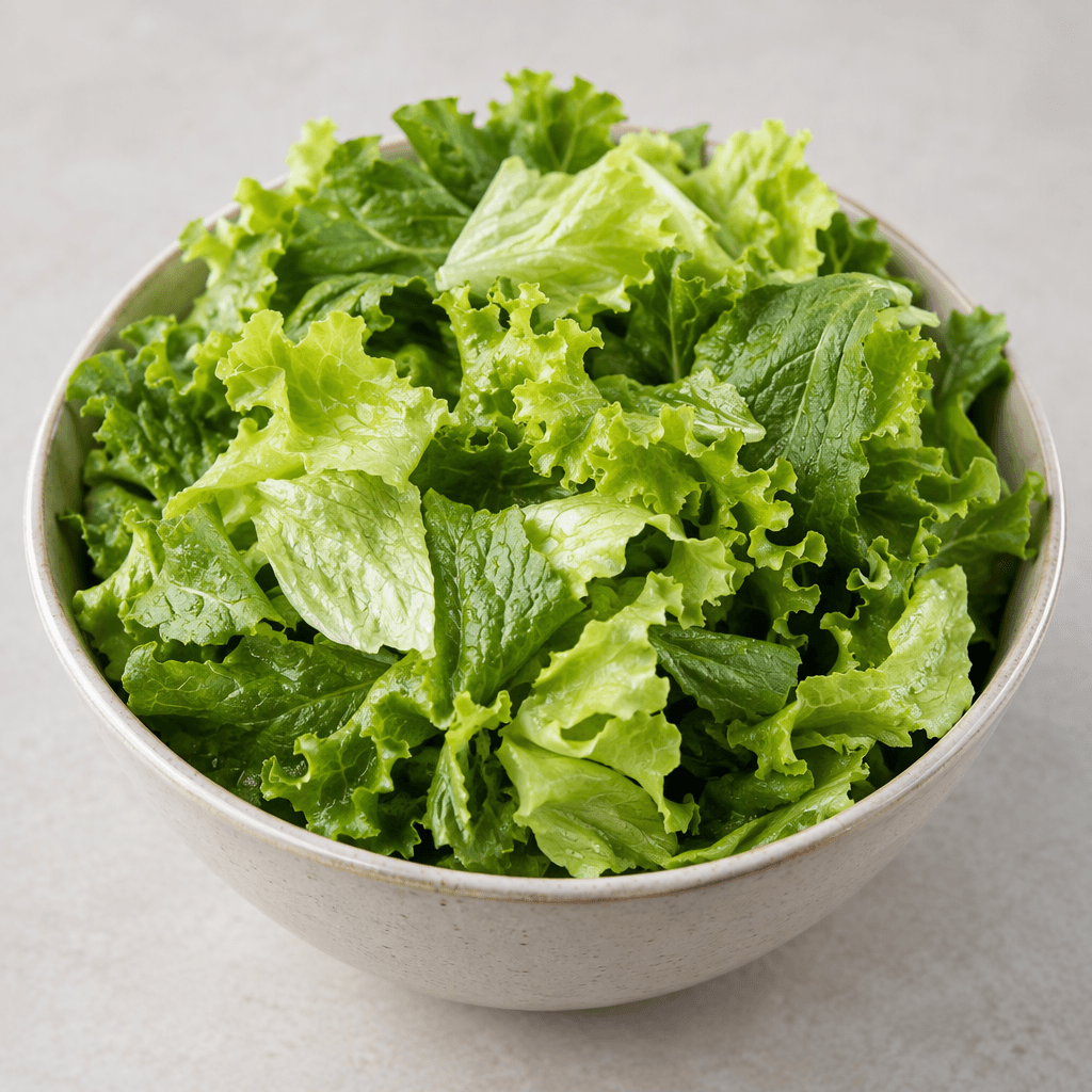 A bowl filled with loosely torn lettuce leaves in several shades of green, with crisp ruffled edges and a lightly glossy surface.