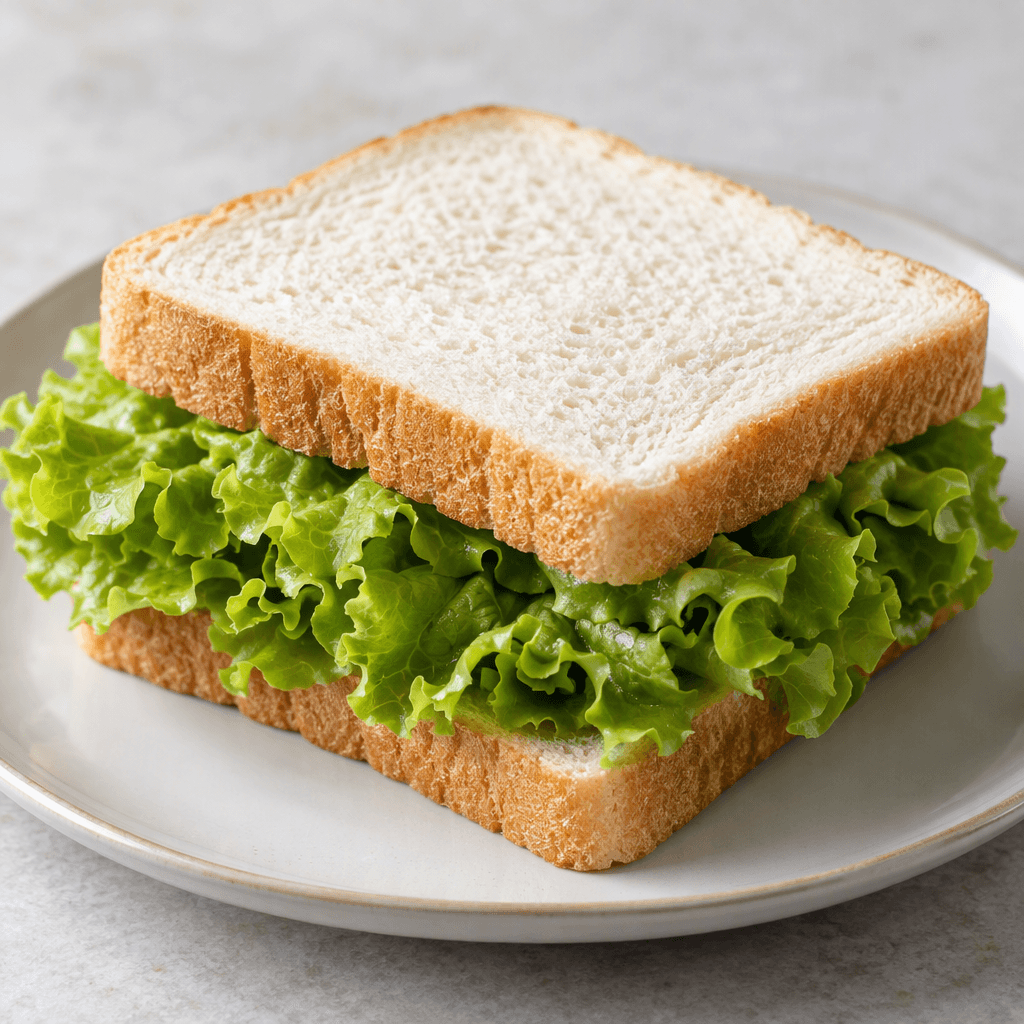 A sandwich made with two slices of soft white bread and crisp green lettuce leaves, their ruffled edges protruding from the sides, rests on a plate.