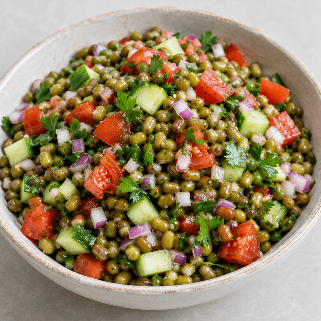 A colorful salad of small, glossy olive-green mung beans mixed with diced red tomatoes, pale green cucumber, finely chopped red onion and fresh parsley, served in a shallow bowl with a loose, moist texture.