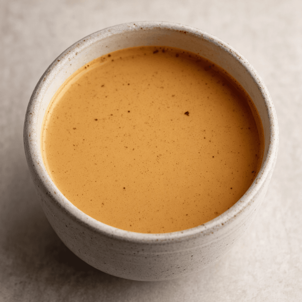 A warm, creamy brown drink sits in a cup, with a smooth surface and a few tiny dark spice flecks.