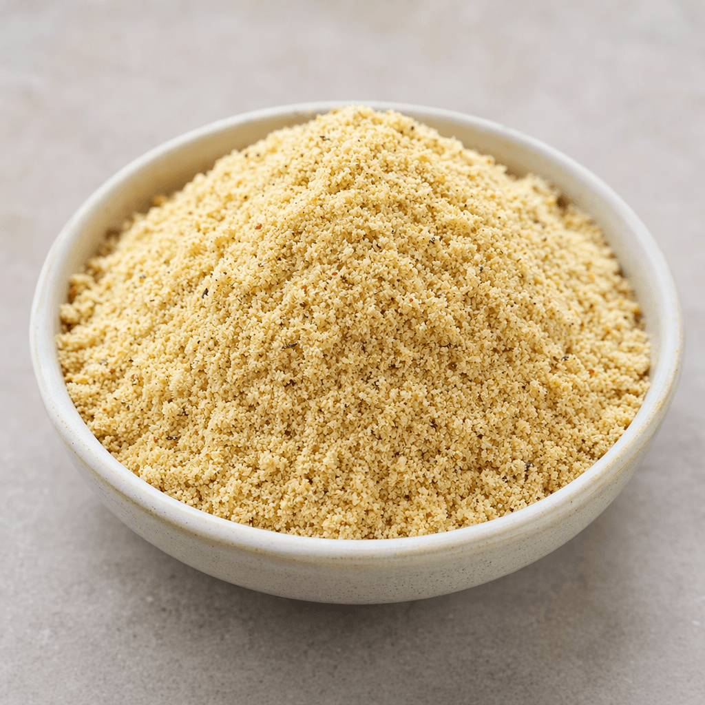 A mound of pale beige, finely ground powder with a few tiny darker flecks sits in a small bowl.