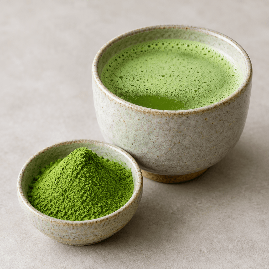 Vivid jade-green matcha powder with an exceptionally fine, silky texture, shown in a small bowl beside a cup of opaque green tea topped with a thin layer of pale green froth.