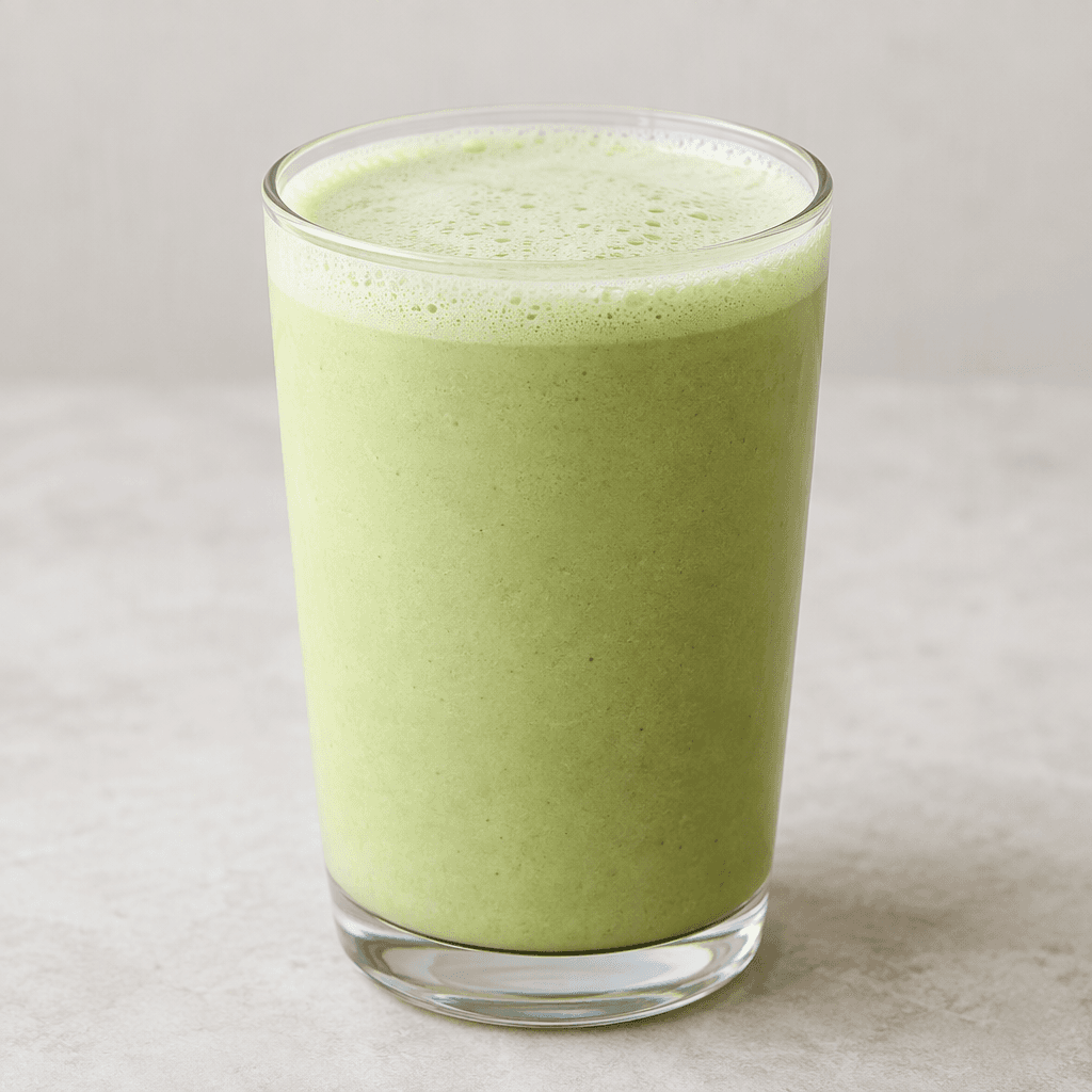 A pale green, creamy drink with a smooth, slightly frothy surface, served in a clear glass that shows the drink’s uniform color and soft foam at the top.
