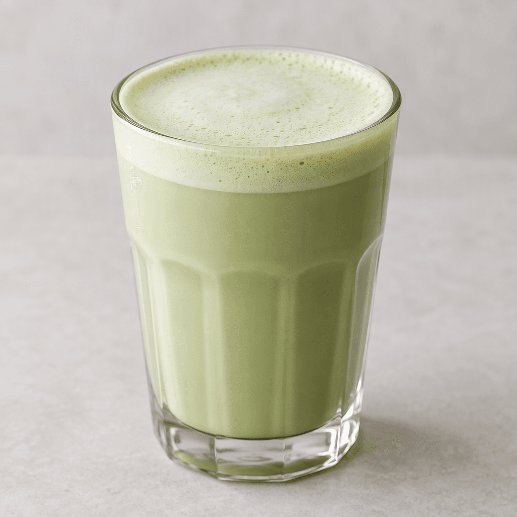A pale green, opaque and creamy latte with a smooth surface and a thin layer of light foam, served in a clear glass.