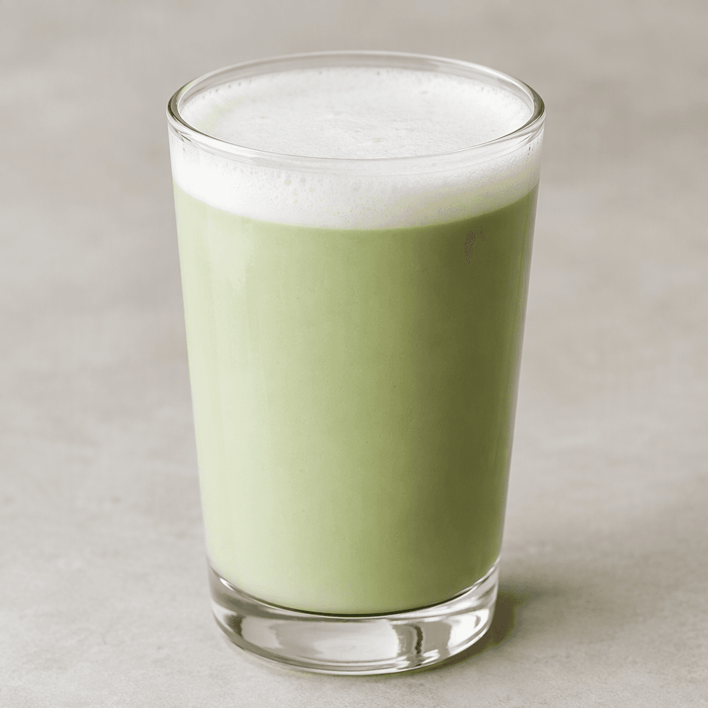 A pale green, creamy drink with a smooth, opaque surface, served in a clear glass and topped with a thin layer of white foam.